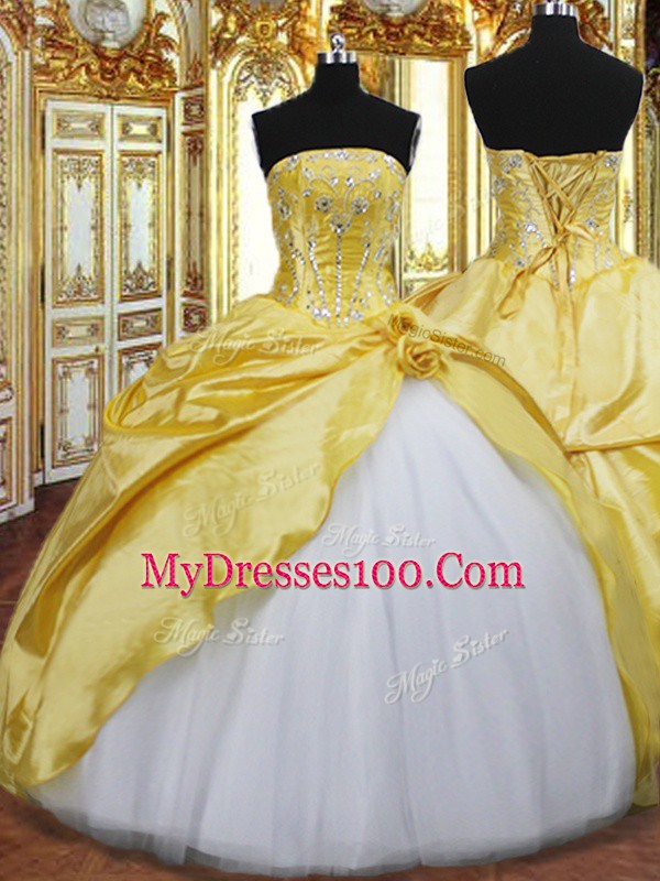 Super Strapless Sleeveless Lace Up Quinceanera Dress Gold Taffeta