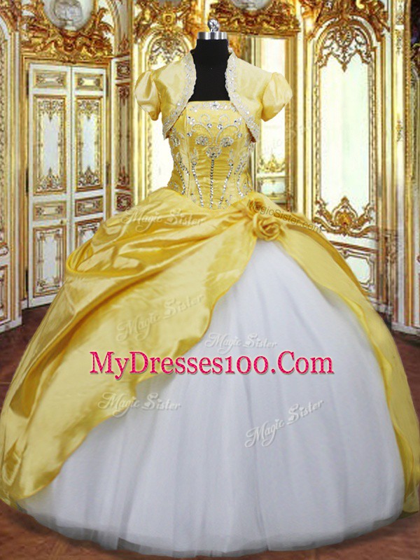 Super Strapless Sleeveless Lace Up Quinceanera Dress Gold Taffeta