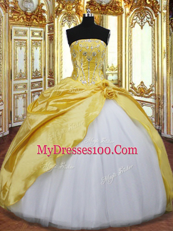 Super Strapless Sleeveless Lace Up Quinceanera Dress Gold Taffeta