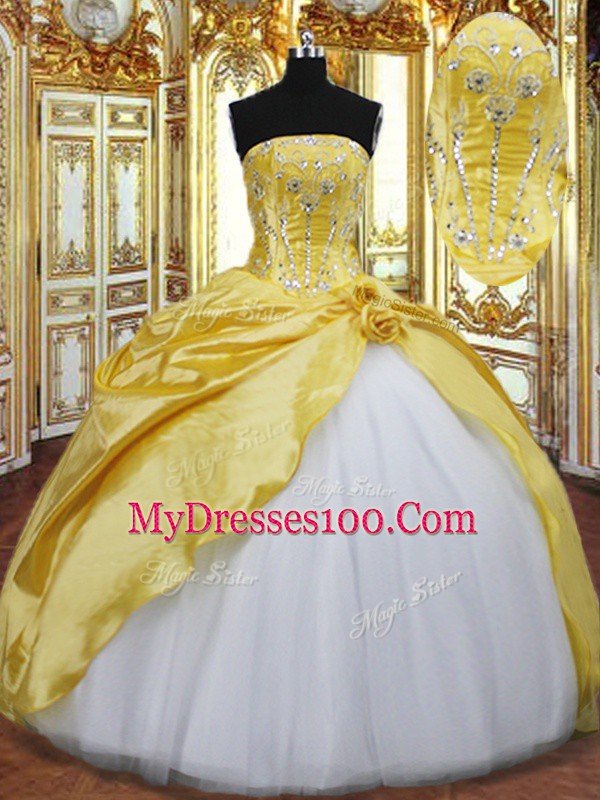Super Strapless Sleeveless Lace Up Quinceanera Dress Gold Taffeta