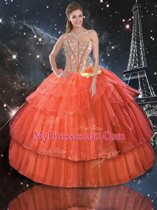Deluxe Ball Gowns Sweet 16 Dresses Rust Red Sweetheart Organza Sleeveless Floor Length Lace Up
