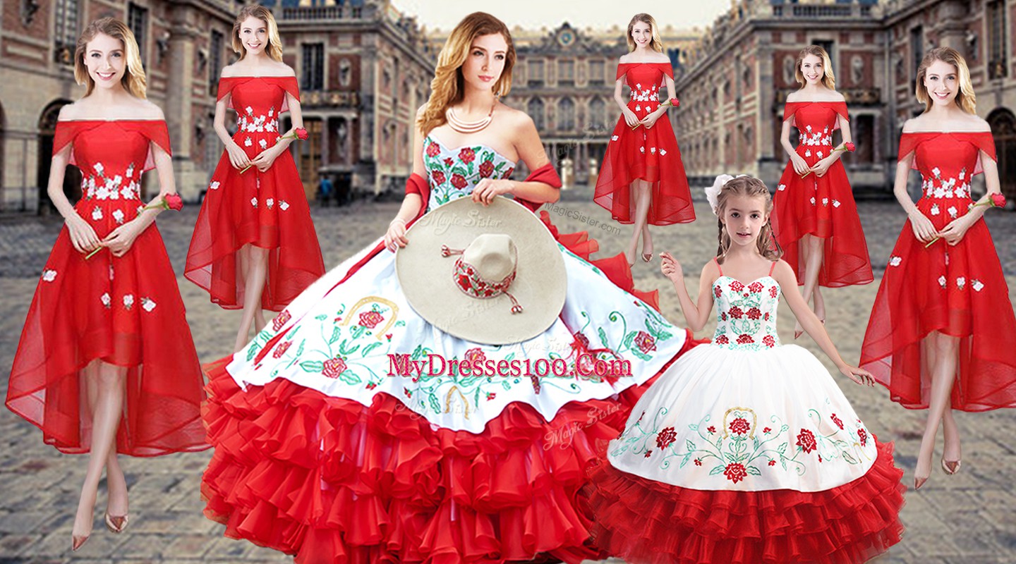 Red Sweetheart Neckline Embroidery and Ruffled Layers Vestidos de Quinceanera Sleeveless Lace Up