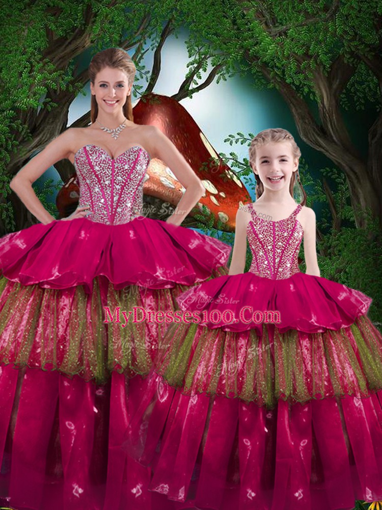 Decent Fuchsia Sleeveless Organza Lace Up Quinceanera Dresses for Military Ball and Sweet 16 and Quinceanera