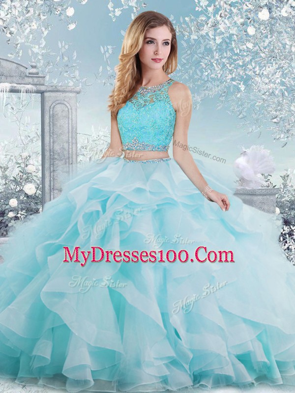 Aqua Blue Ball Gowns Beading and Ruffles Sweet 16 Quinceanera Dress Clasp Handle Organza Sleeveless Floor Length