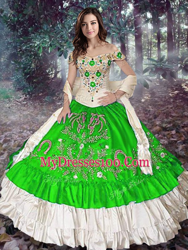 Amazing Lace Up Off The Shoulder Embroidery and Ruffled Layers Ball Gown Prom Dress Taffeta Sleeveless