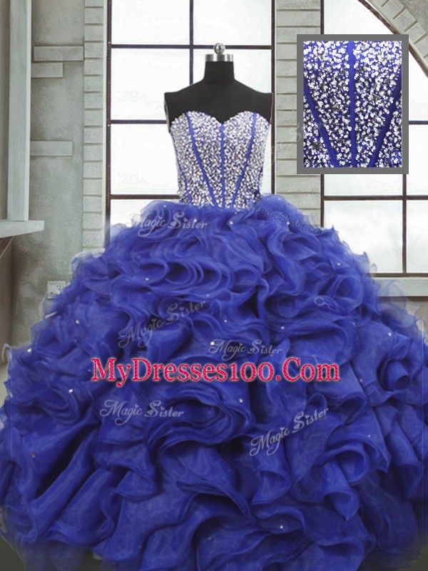 Blue Ball Gowns Beading and Ruffles Sweet 16 Dresses Lace Up Organza Sleeveless Floor Length