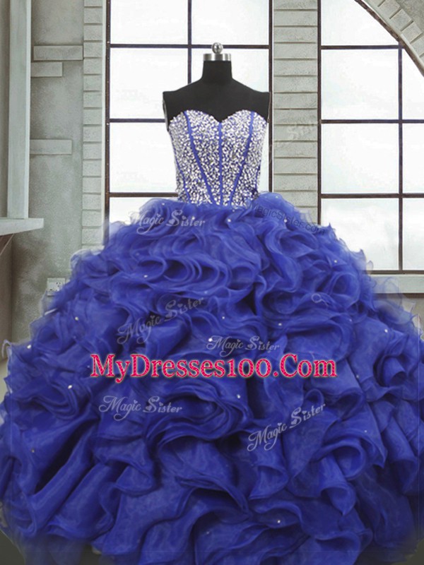 Blue Ball Gowns Beading and Ruffles Sweet 16 Dresses Lace Up Organza Sleeveless Floor Length