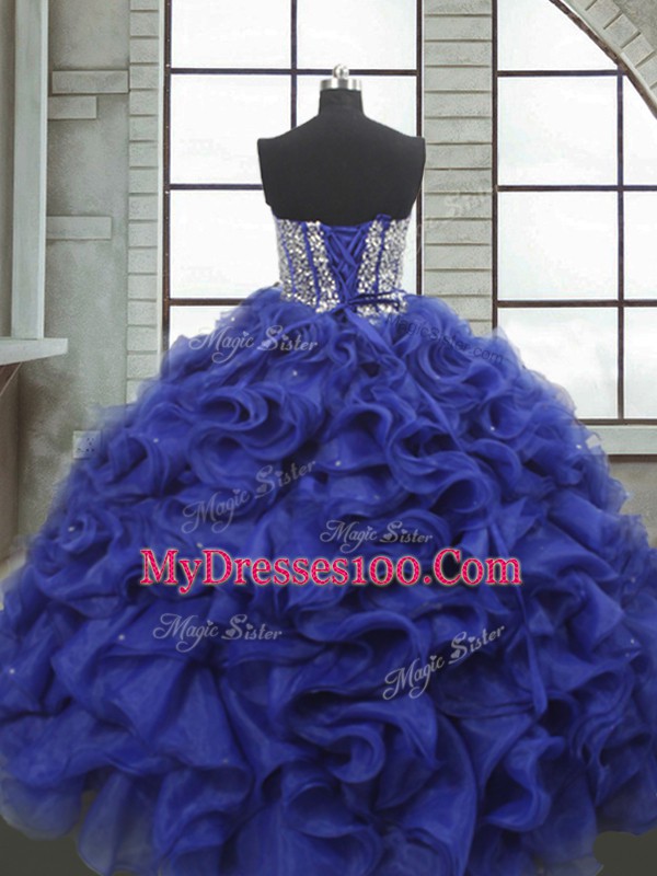 Blue Ball Gowns Beading and Ruffles Sweet 16 Dresses Lace Up Organza Sleeveless Floor Length