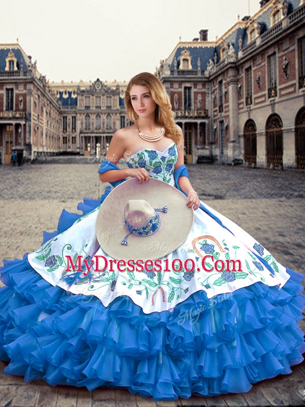 New Arrival Blue And White Ball Gowns Sweetheart Sleeveless Organza and Taffeta Floor Length Lace Up Embroidery and Ruffled Layers Ball Gown Prom Dress