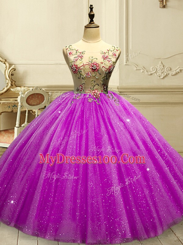Scoop Sleeveless Tulle Quinceanera Gowns Appliques and Sequins Lace Up