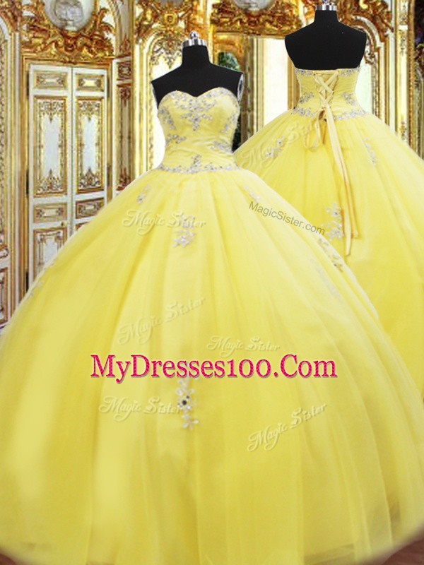 Exquisite Floor Length Yellow Quinceanera Gowns Tulle Sleeveless Beading and Appliques