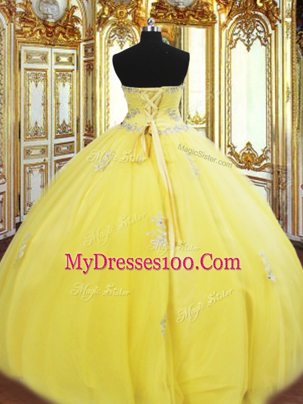 Exquisite Floor Length Yellow Quinceanera Gowns Tulle Sleeveless Beading and Appliques