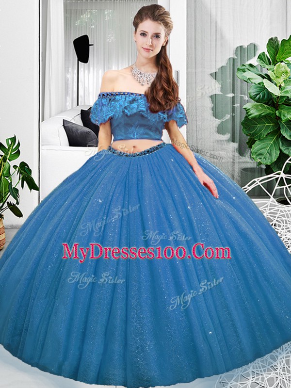 Low Price Blue Lace Up Off The Shoulder Lace Sweet 16 Dress Organza Sleeveless