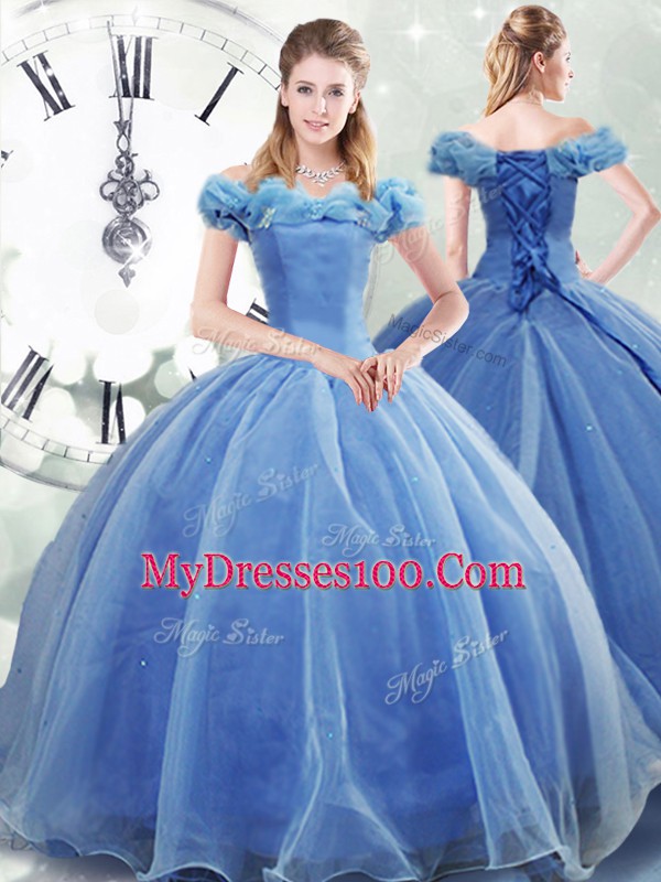 Noble Pick Ups Vestidos de Quinceanera Light Blue Lace Up Sleeveless Brush Train