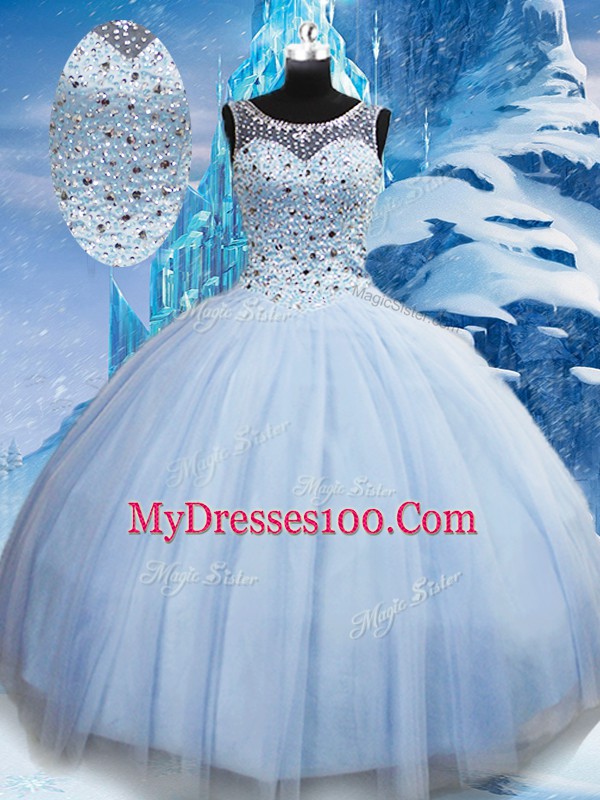 High End Light Blue Lace Up Vestidos de Quinceanera Beading Sleeveless Floor Length
