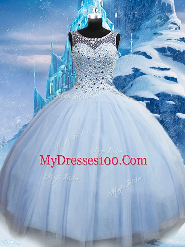High End Light Blue Lace Up Vestidos de Quinceanera Beading Sleeveless Floor Length