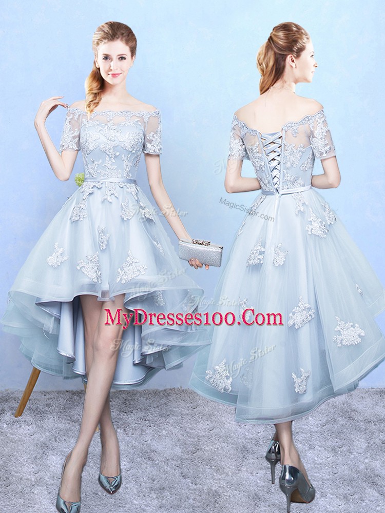 Fashion Light Blue Off The Shoulder Neckline Lace Quinceanera Dama Dress Short Sleeves Lace Up
