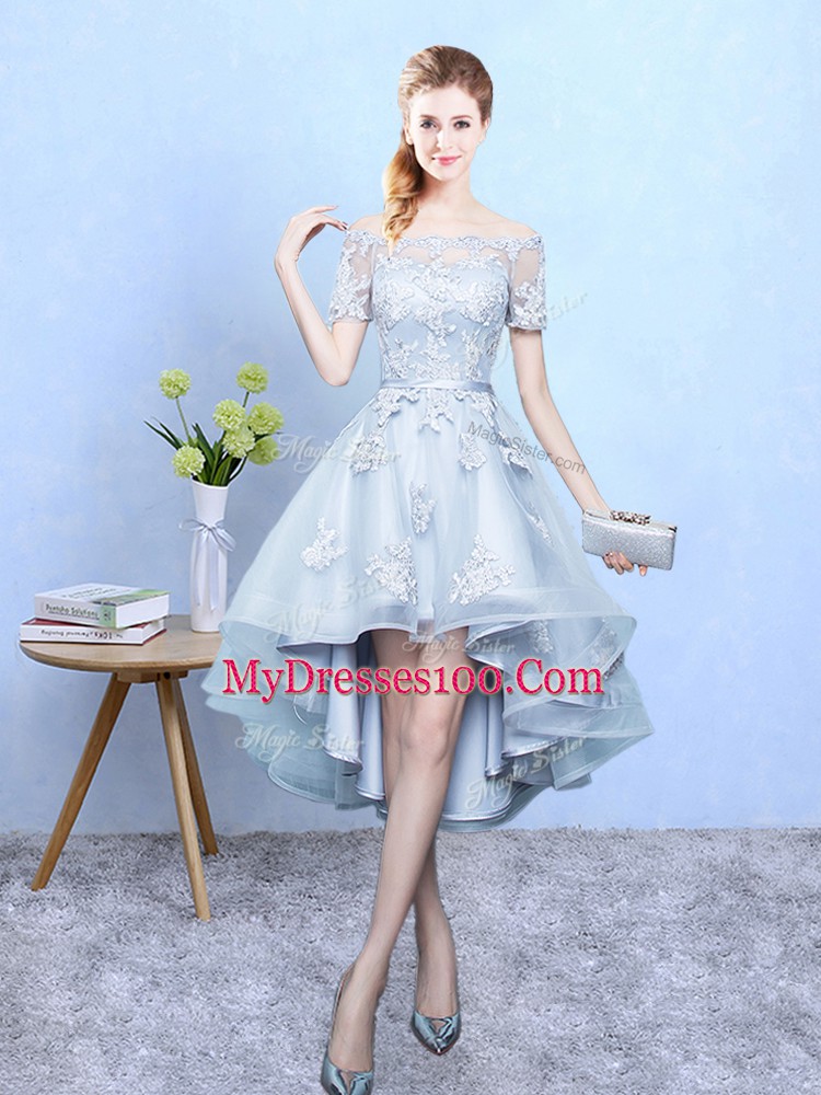 Fashion Light Blue Off The Shoulder Neckline Lace Quinceanera Dama Dress Short Sleeves Lace Up