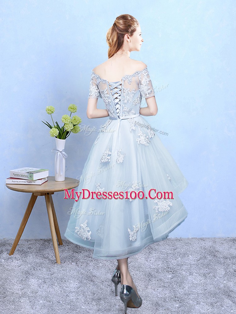 Fashion Light Blue Off The Shoulder Neckline Lace Quinceanera Dama Dress Short Sleeves Lace Up