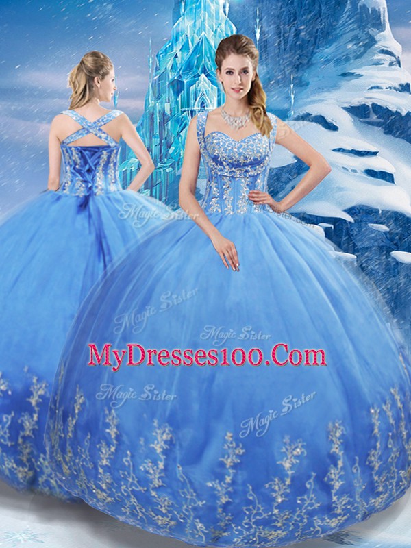 High Quality Sweetheart Sleeveless Tulle Quince Ball Gowns Beading and Appliques Lace Up