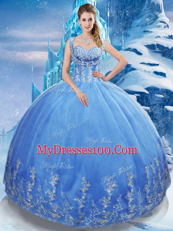 High Quality Sweetheart Sleeveless Tulle Quince Ball Gowns Beading and Appliques Lace Up