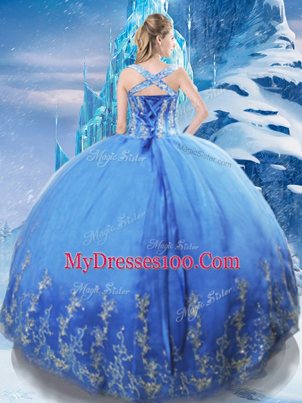 High Quality Sweetheart Sleeveless Tulle Quince Ball Gowns Beading and Appliques Lace Up