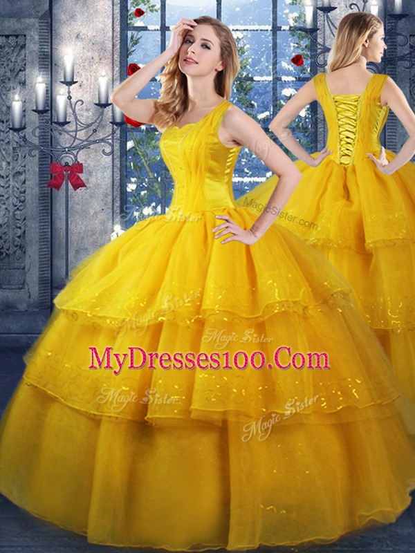 Simple Straps Sleeveless Organza 15th Birthday Dress Ruffled Layers Lace Up