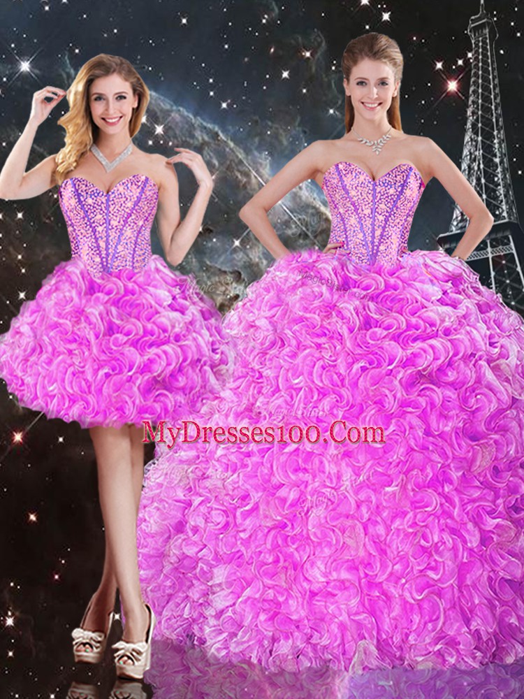 Fuchsia Organza Lace Up Sweetheart Sleeveless Floor Length Ball Gown Prom Dress Beading and Ruffles