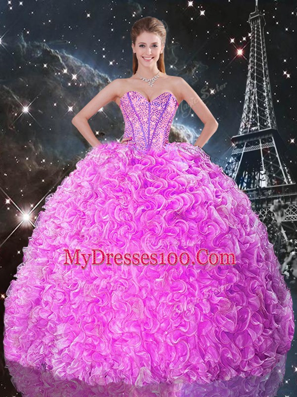 Fuchsia Organza Lace Up Sweetheart Sleeveless Floor Length Ball Gown Prom Dress Beading and Ruffles