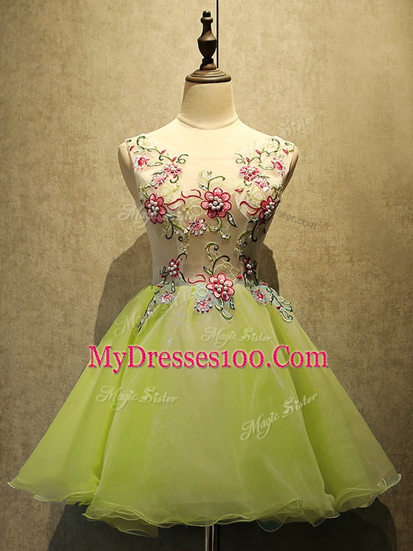 Spectacular Mini Length Olive Green Organza Sleeveless Embroidery