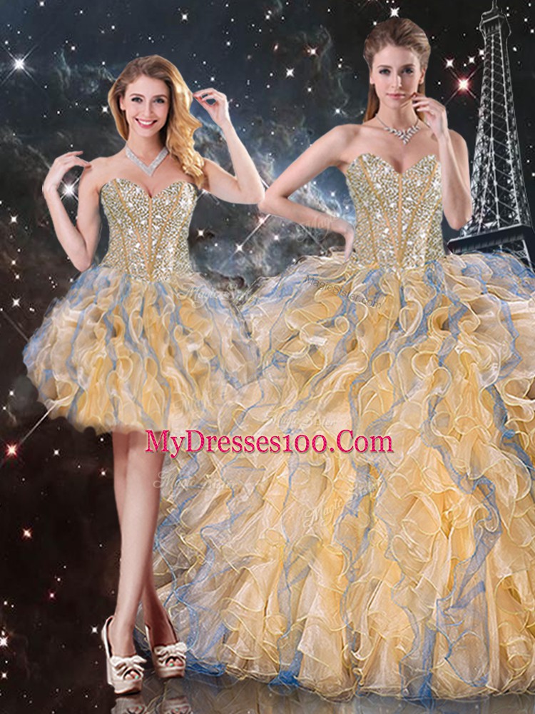 Gold Sweetheart Neckline Beading and Ruffles Quinceanera Gowns Sleeveless Lace Up