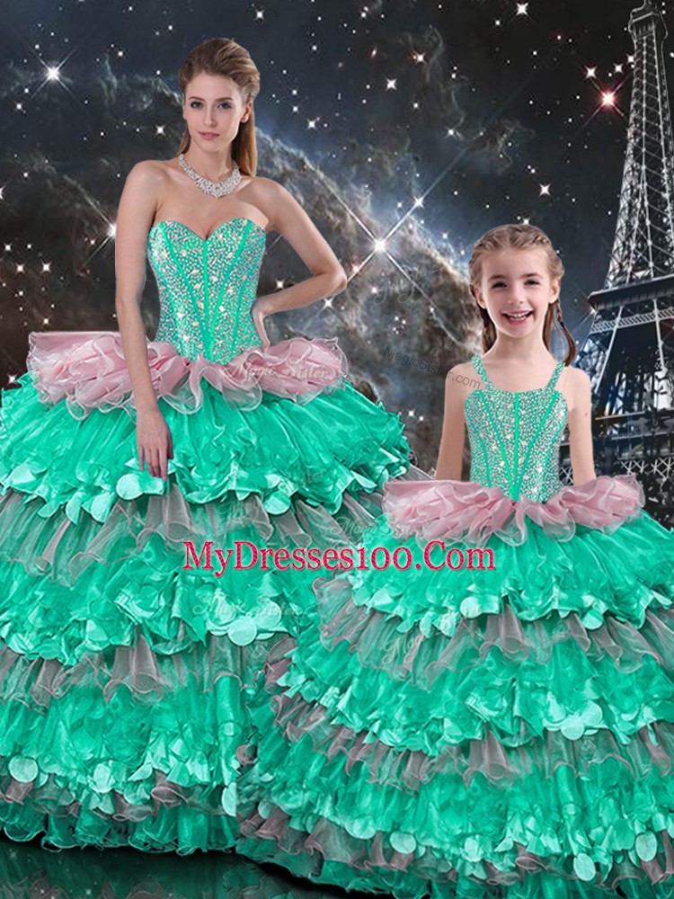 Charming Floor Length Multi-color Sweet 16 Dress Organza Sleeveless Beading and Ruffles