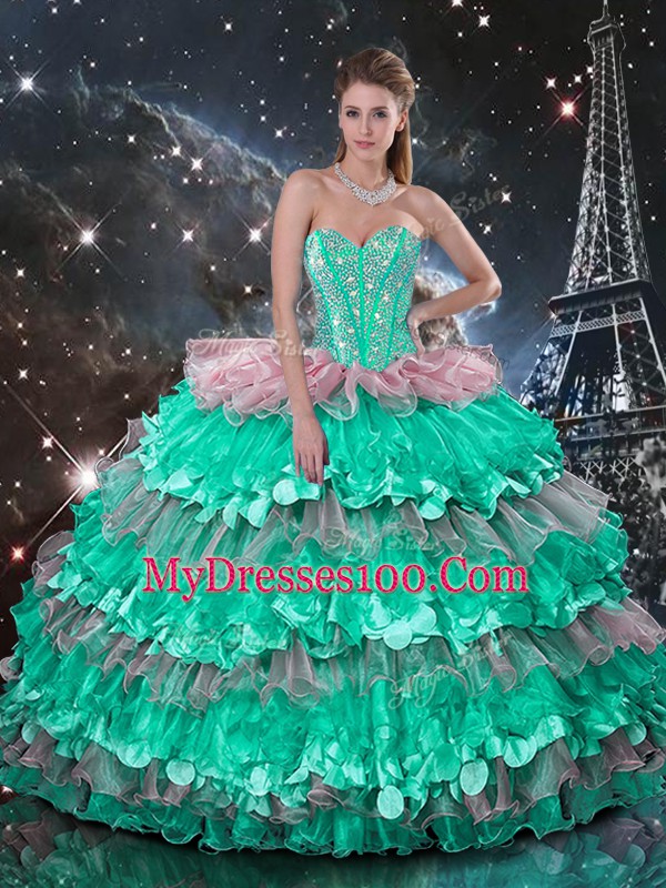 Charming Floor Length Multi-color Sweet 16 Dress Organza Sleeveless Beading and Ruffles