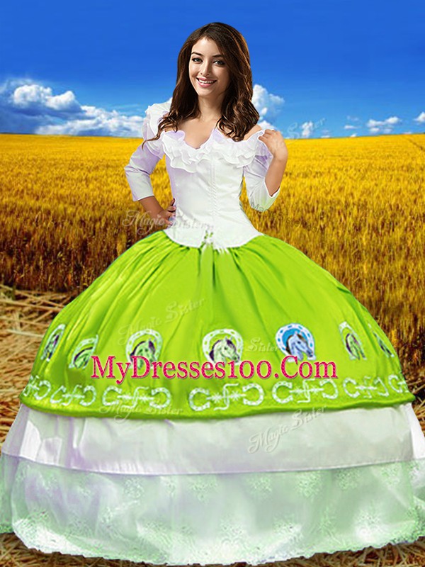 Yellow Green 3 4 Length Sleeve Embroidery Floor Length Sweet 16 Dresses