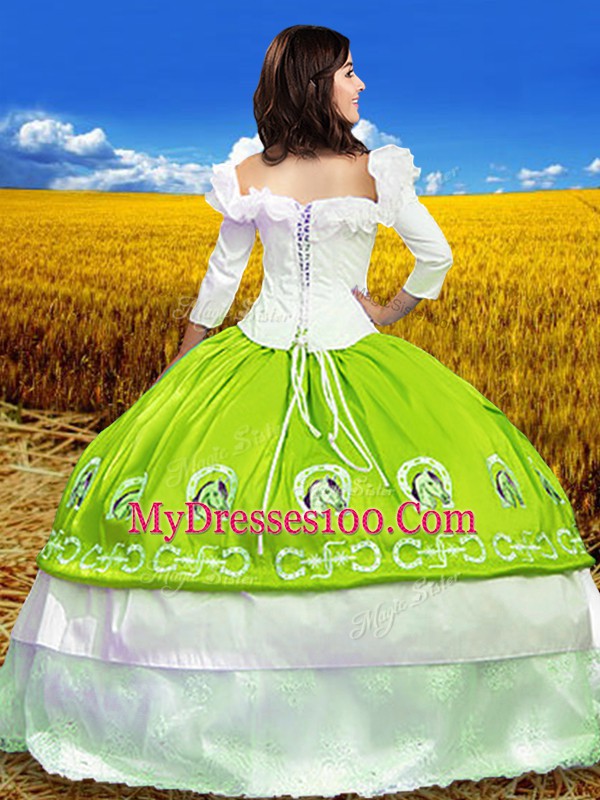 Yellow Green 3 4 Length Sleeve Embroidery Floor Length Sweet 16 Dresses