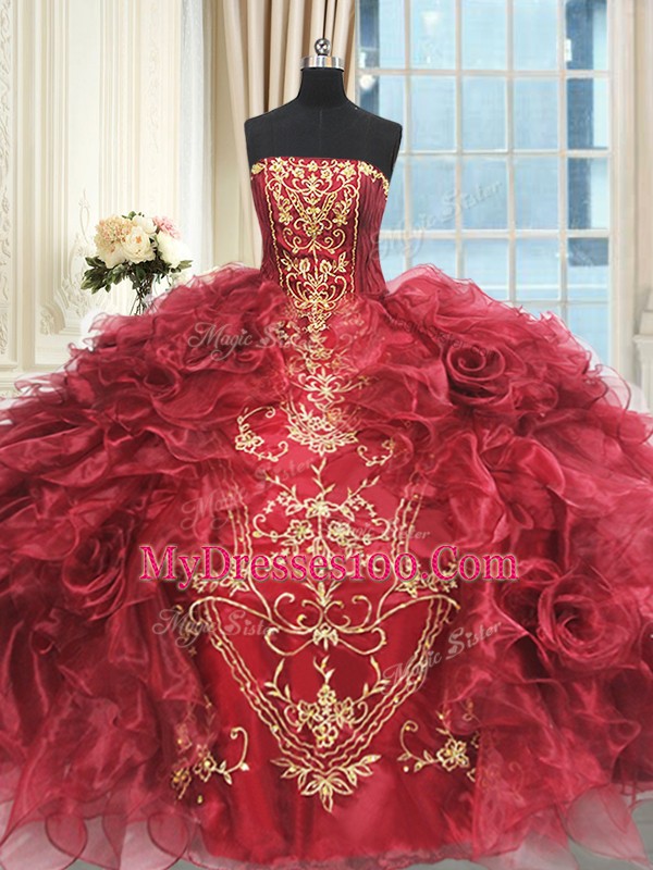 Stunning Wine Red Strapless Neckline Appliques and Ruffles Vestidos de Quinceanera Sleeveless Lace Up