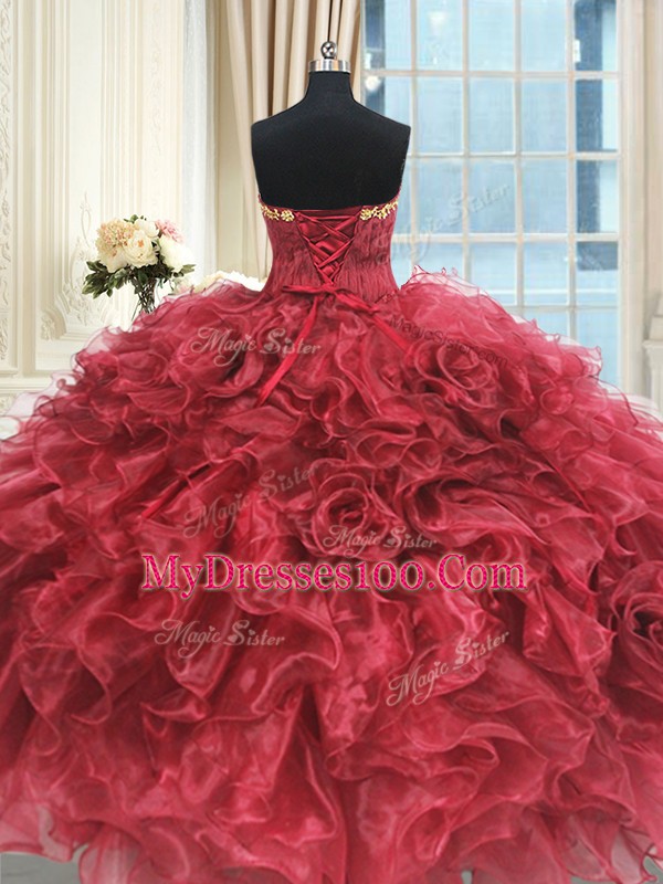 Stunning Wine Red Strapless Neckline Appliques and Ruffles Vestidos de Quinceanera Sleeveless Lace Up