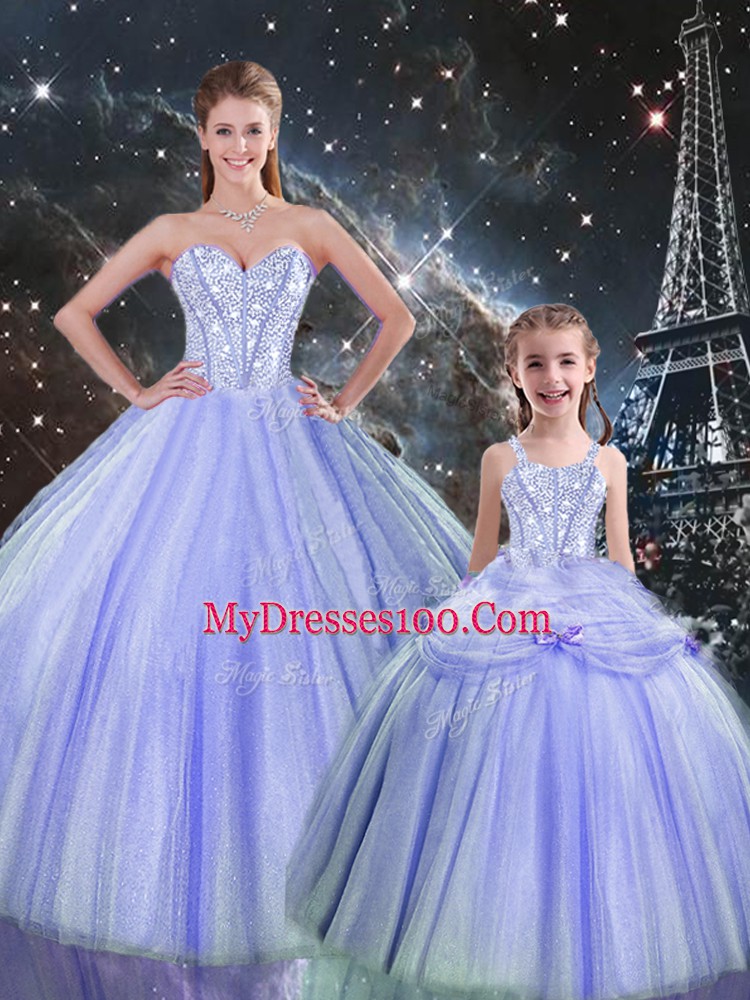 Lavender Sleeveless Tulle Lace Up 15th Birthday Dress for Military Ball and Sweet 16 and Quinceanera