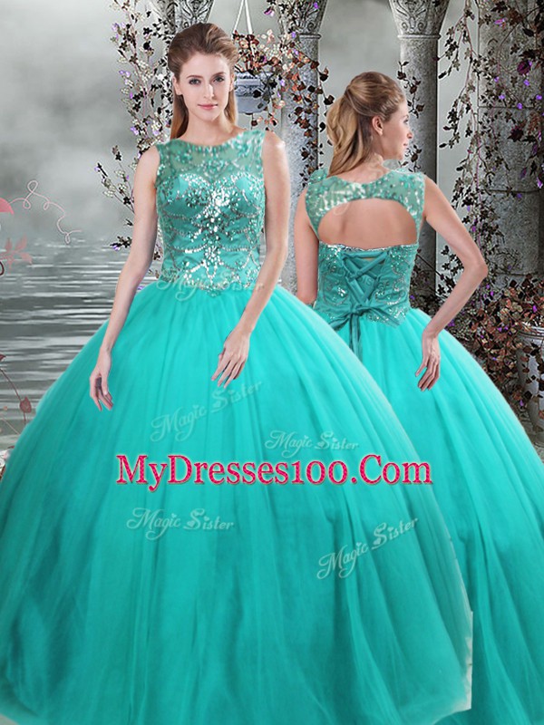 Dazzling Turquoise Tulle Lace Up Scoop Sleeveless Floor Length Quinceanera Gowns Beading