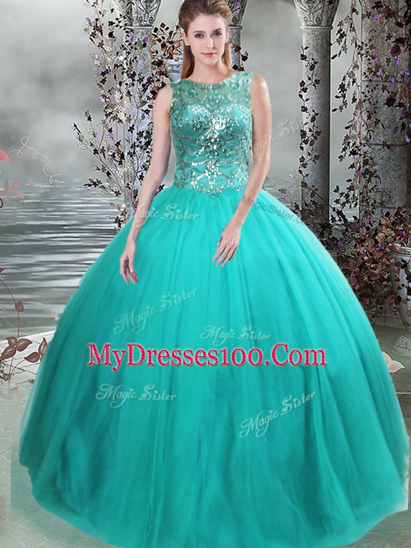 Dazzling Turquoise Tulle Lace Up Scoop Sleeveless Floor Length Quinceanera Gowns Beading