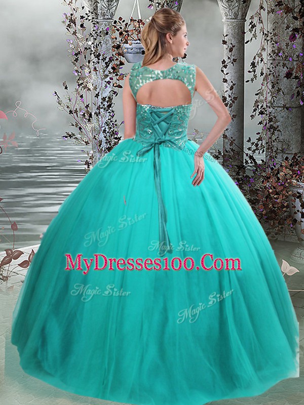 Dazzling Turquoise Tulle Lace Up Scoop Sleeveless Floor Length Quinceanera Gowns Beading
