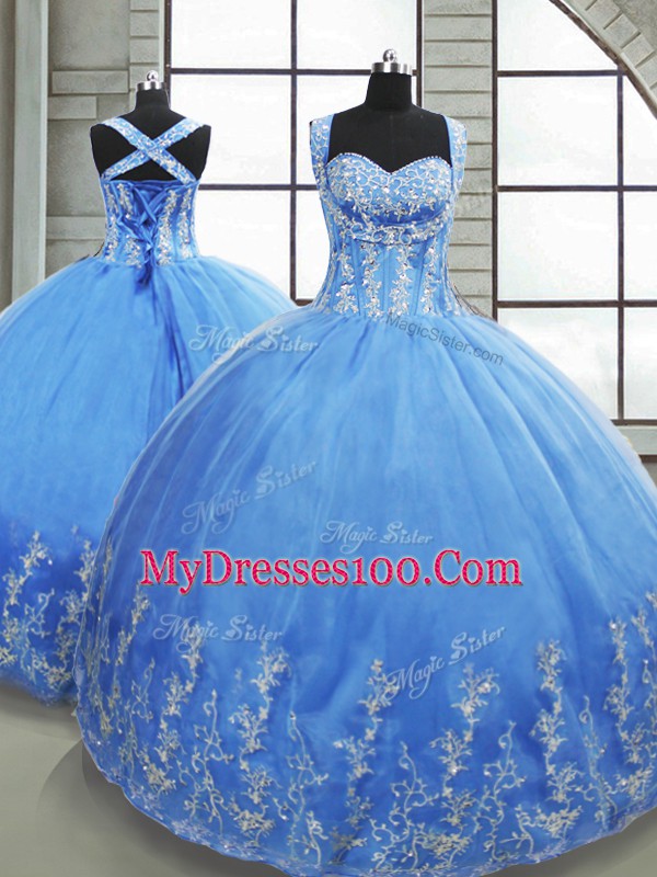Romantic Sweetheart Sleeveless Quince Ball Gowns Floor Length Beading and Appliques Baby Blue Tulle