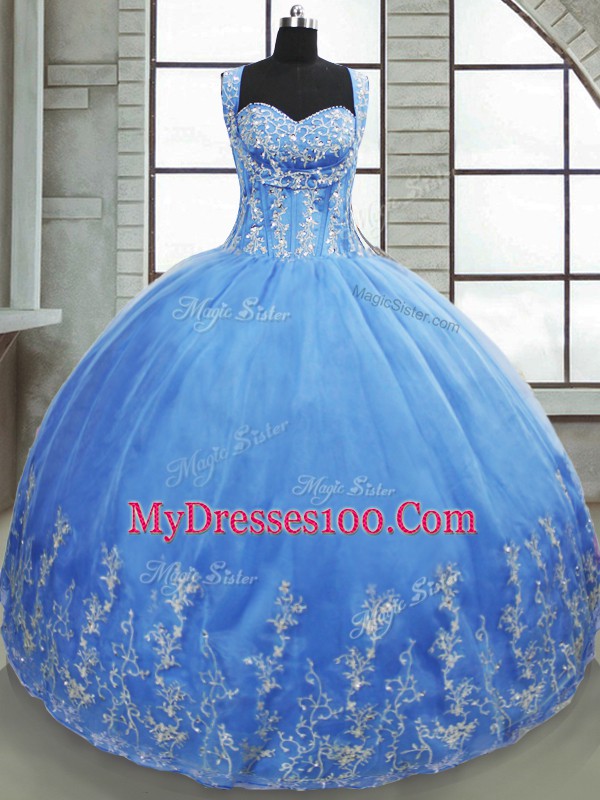Romantic Sweetheart Sleeveless Quince Ball Gowns Floor Length Beading and Appliques Baby Blue Tulle