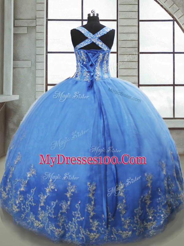 Romantic Sweetheart Sleeveless Quince Ball Gowns Floor Length Beading and Appliques Baby Blue Tulle