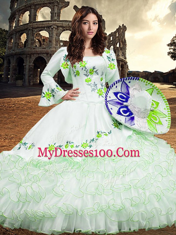 Fitting Ball Gowns 15th Birthday Dress White Square Organza Long Sleeves Floor Length Lace Up