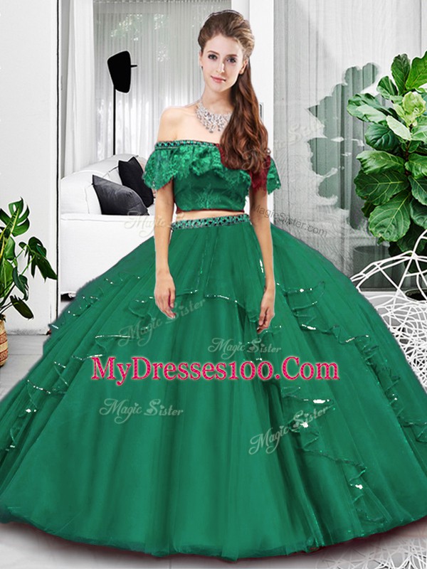 Colorful Floor Length Dark Green Sweet 16 Quinceanera Dress Tulle Sleeveless Lace and Ruffles