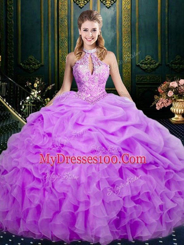 Cute Beading and Ruffles and Pick Ups 15th Birthday Dress Lilac Lace Up Sleeveless Floor Length