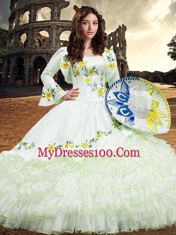 Adorable Long Sleeves Organza Floor Length Lace Up Sweet 16 Dress in White with Embroidery and Ruffled Layers