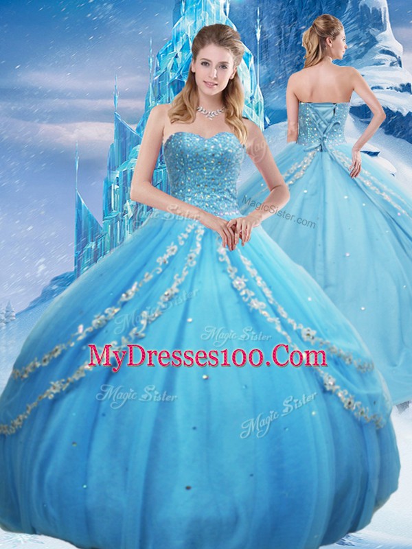 Fantastic Sweetheart Sleeveless Lace Up Quinceanera Gown Baby Blue Tulle