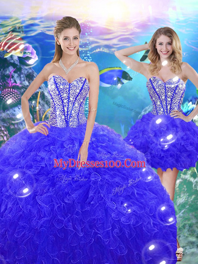 Blue Sleeveless Beading and Ruffles Floor Length Quince Ball Gowns